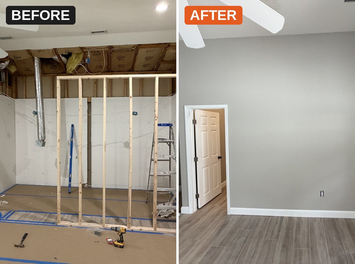 Drywall repair before and after by Florida ColorCraft
